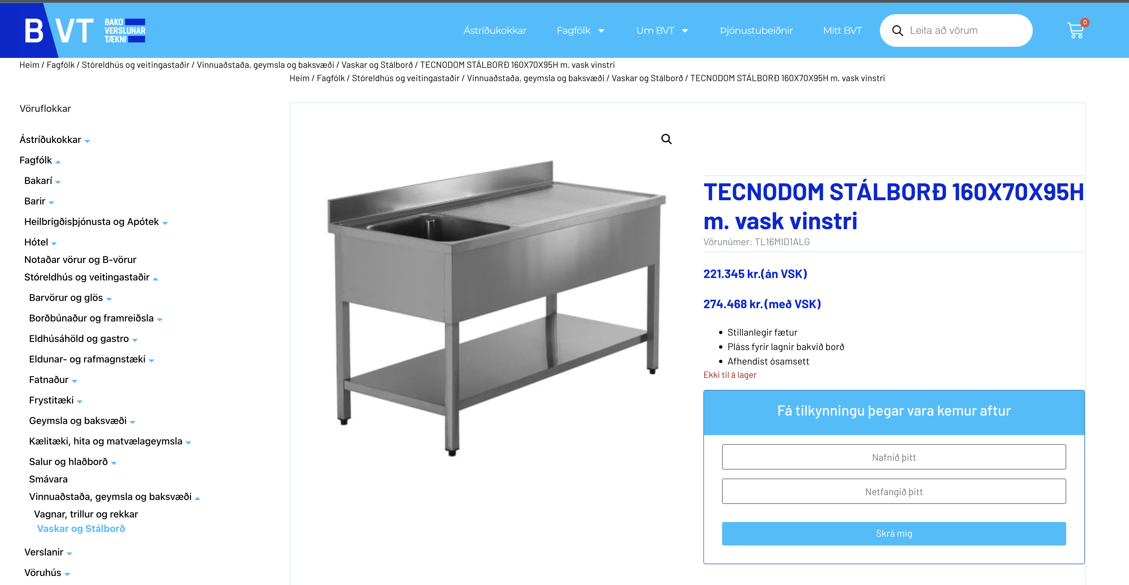 SELT / SOLD Tecnodom stálborð m/vaski, blöndunartæki frá BVT, B160xD70xH86sm. 10
