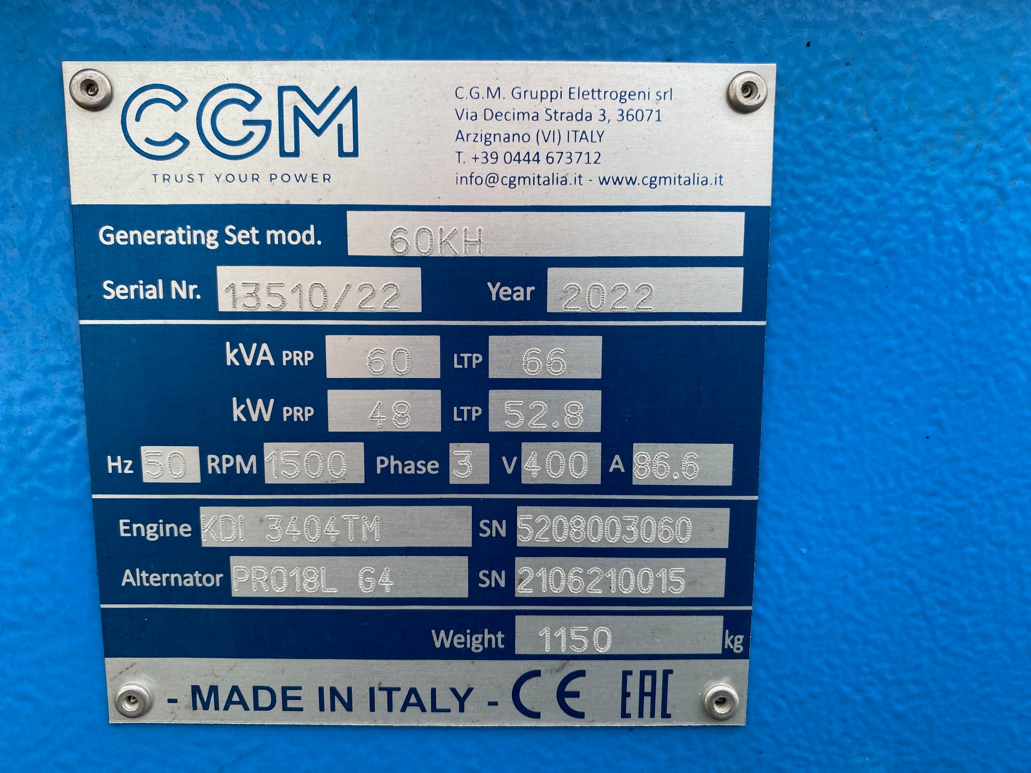 SELT / SOLD Hljóðlát rafstöð varaaflstöð 2022 - CGM 60F - 66KVa eða 52,8 KW 3