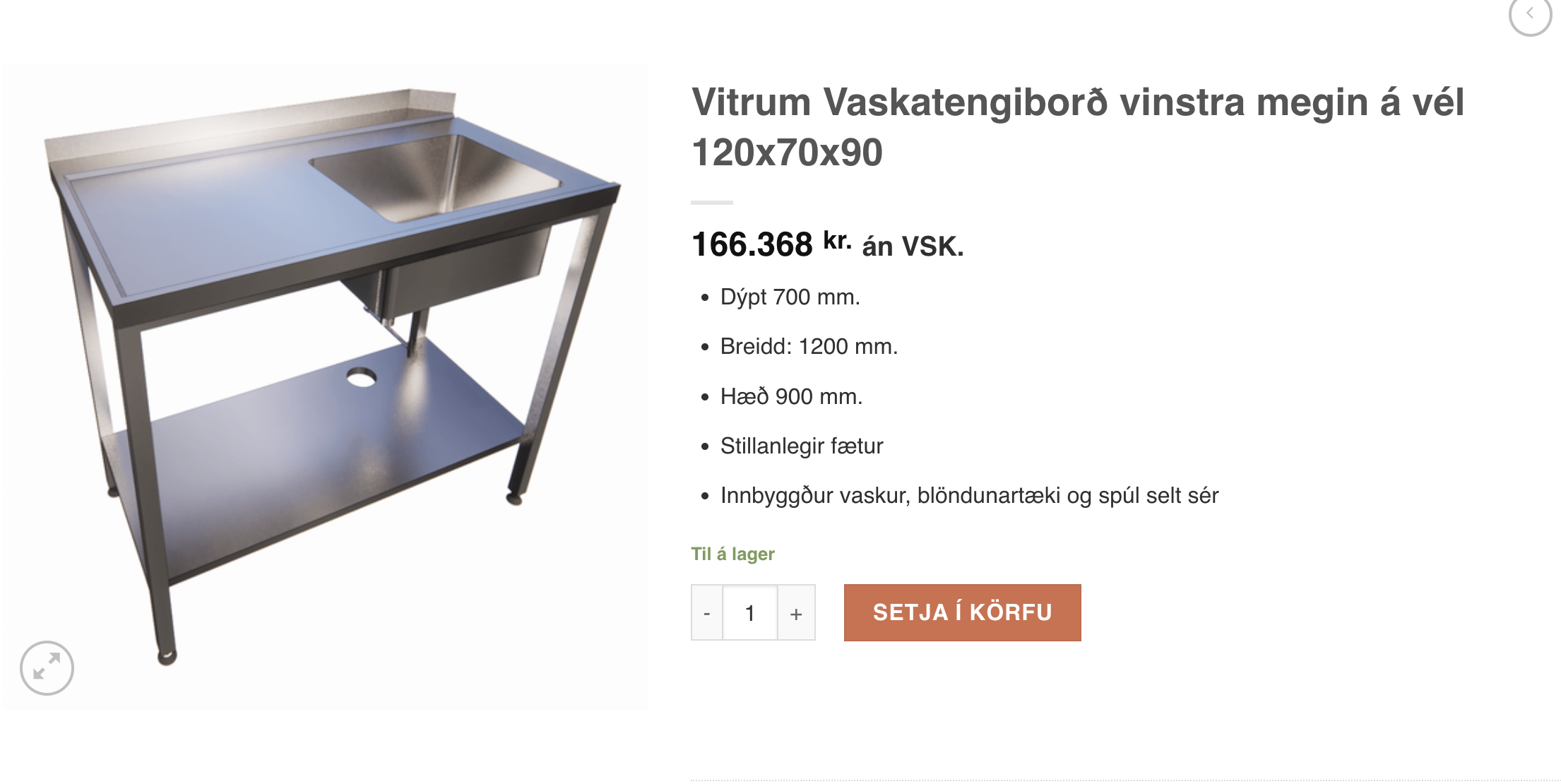 SELT / SOLD Stálborð með vaski, L120 x B70 x H86 sm. 8
