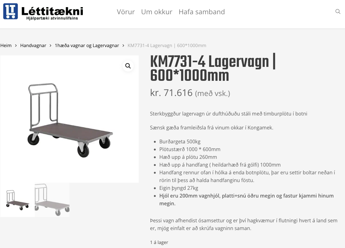SELT / SOLD Lagervagn frá Léttitækni, L100xB60sm. 500kg. 3