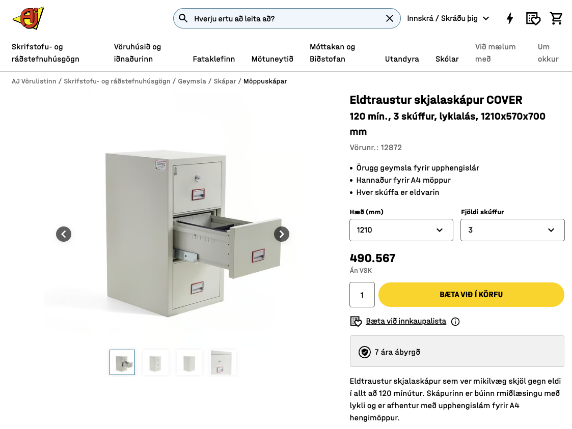 Eldvarinn skjalaskápur frá AJ Vörulistanum, 120mín 3