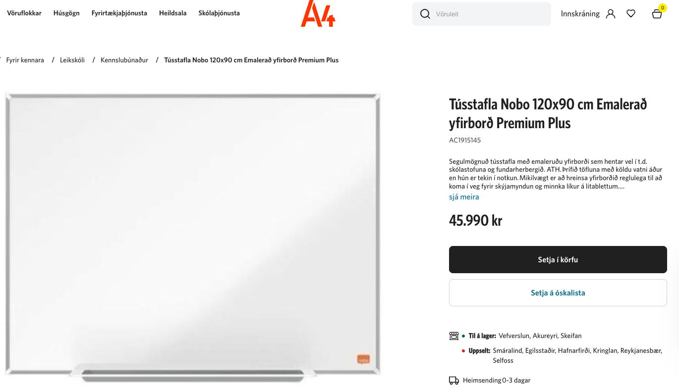 SELT / SOLD Nobo tússtafla frá A4, B120xH90sm. 10