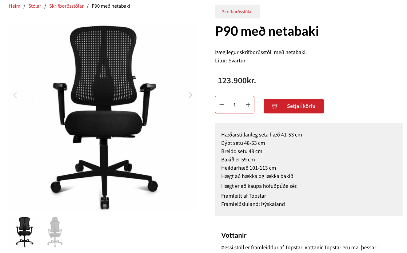 SELT / SOLD Topstar P90 skrifstofustóll með netabaki frá Hirzlunni 3