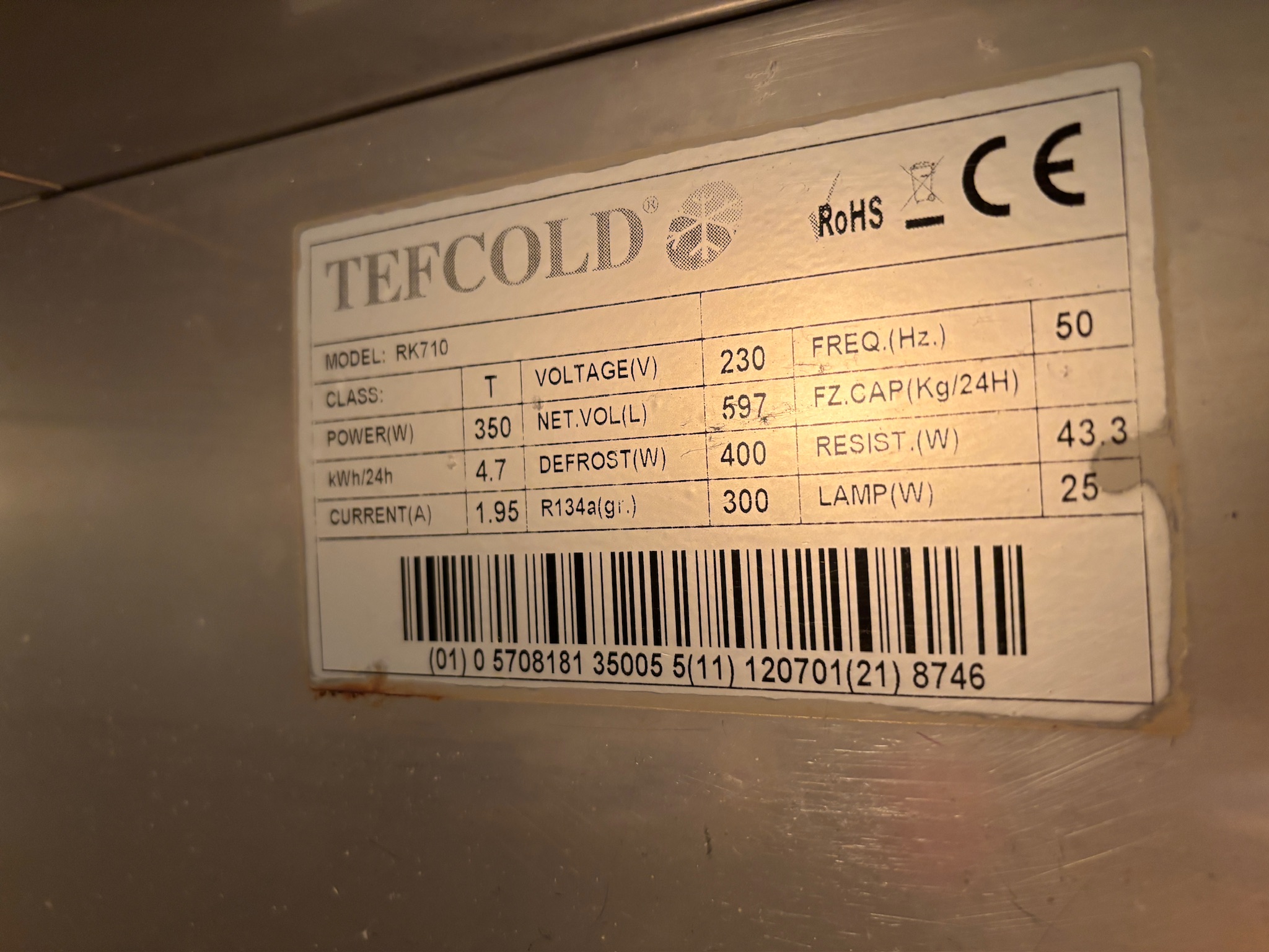 SELT / SOLD Tefcold kælir á hjólum, H201 x B74 x D85 sm. 6