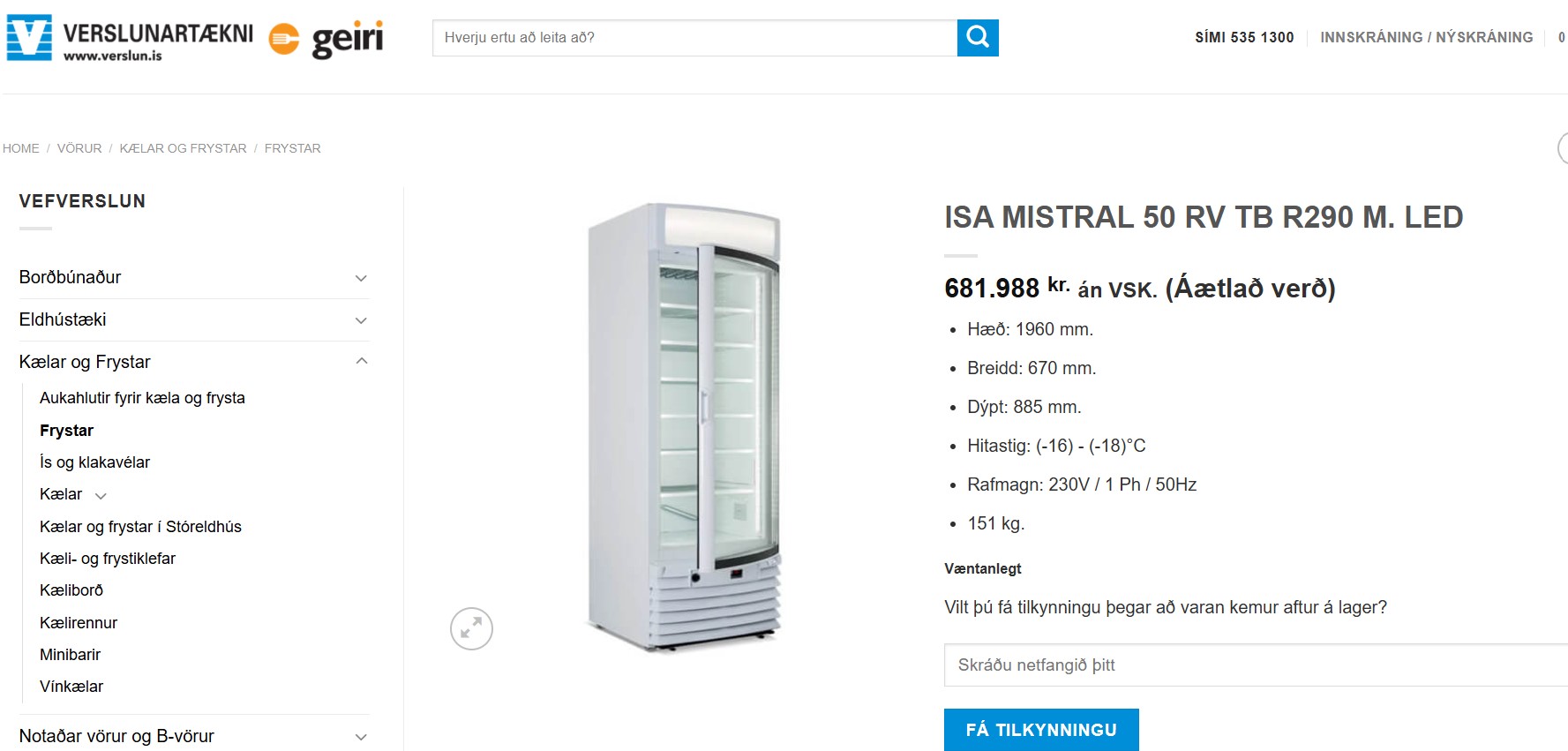 SELT / SOLD MISTRAL 50 RV TB - ISA SPA - frystir - 530 lítra - 5 stk. Pnr. 2