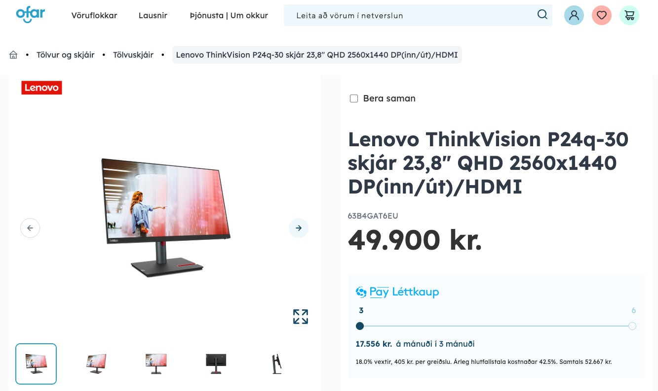 SELT / SOLD Lenovo ThinkVision tölvuskjár, 23,8", 2560x1440p - PLAY 6
