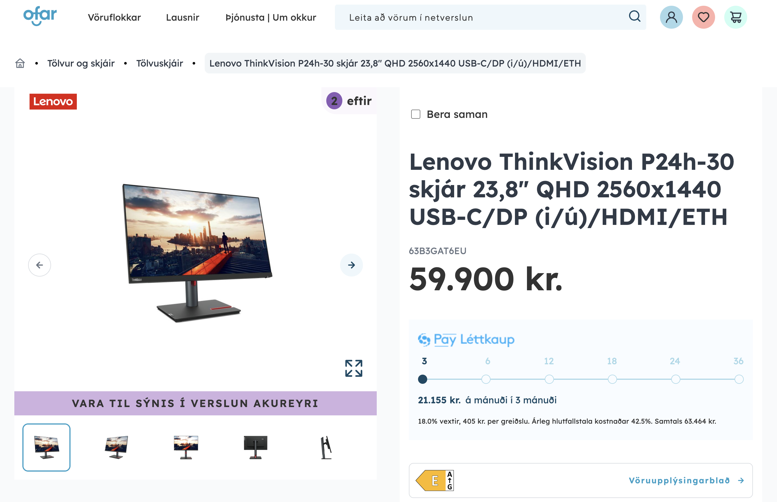 SELT / SOLD Lenovo ThinkVision tölvuskjár, 23,8", 2560x1440p - PLAY 13
